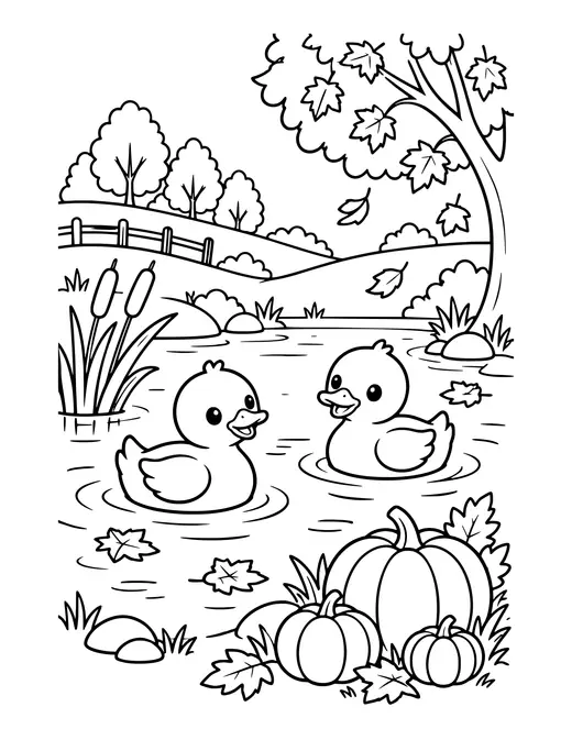 Ducks on an Autumn Pond coloring page