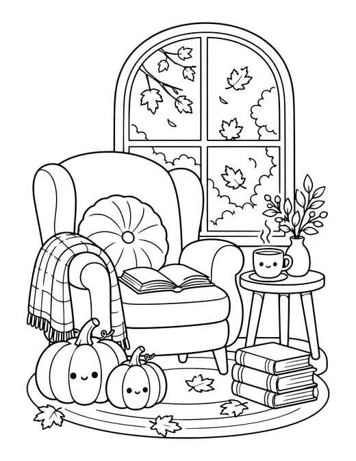 Cozy Reading Nook in Fall coloring page