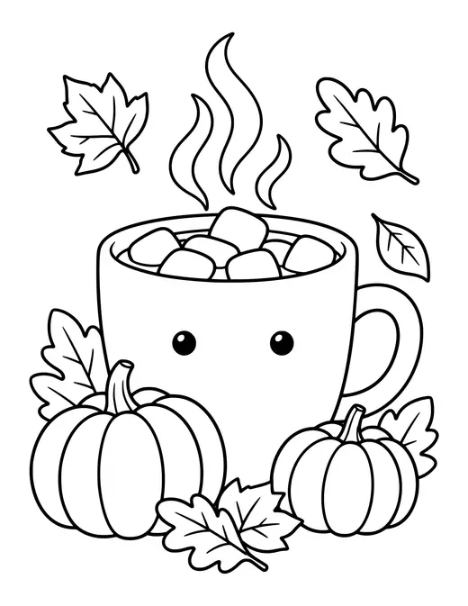 Cup of Hot Cocoa and Leaves coloring page