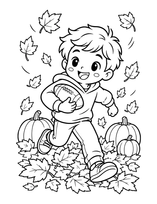 Kid Playing Football in Leaves coloring page