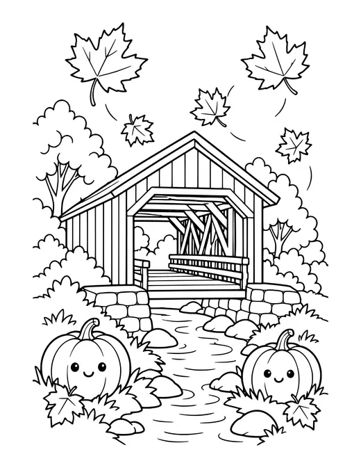 Covered Bridge in Autumn coloring page