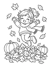 Kid Jumping in Leaves coloring page