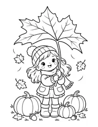 Kid with a Fall Leaf Umbrella coloring page