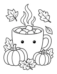 Cup of Hot Cocoa and Leaves coloring page