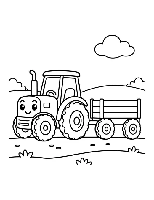 Tractor and Trailer coloring page, black and white line art