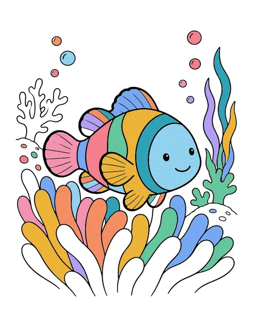 Clownfish in an Anemone coloring page, colored in