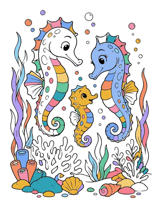 Seahorse Family coloring page, colored in