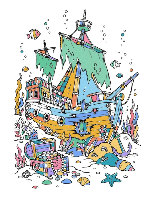 Sunken Pirate Ship coloring page, colored in