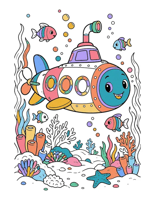 Submarine Exploring coloring page, colored in
