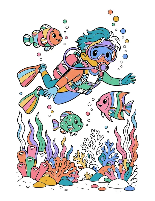 Scuba Diver with Fish coloring page, colored in