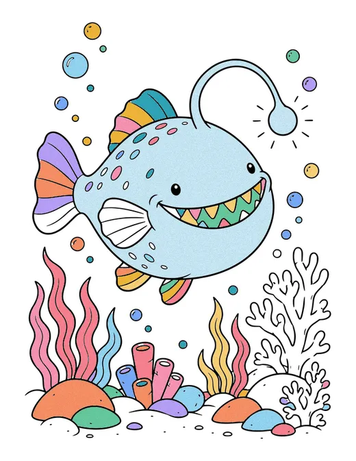 Anglerfish in the Deep coloring page, colored in