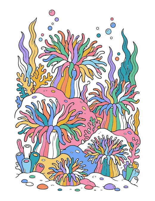 Sea Anemone Field coloring page, colored in