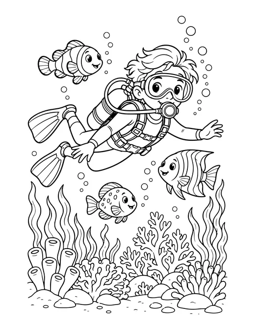 Scuba Diver with Fish coloring page