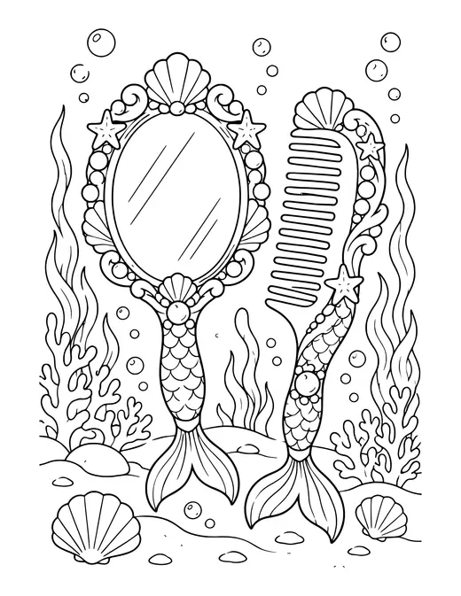 Mermaid Comb and Mirror coloring page