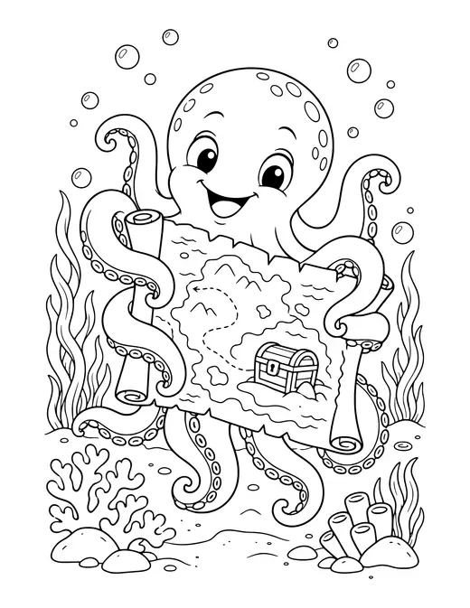 Octopus Hugging a Treasure Map coloring page