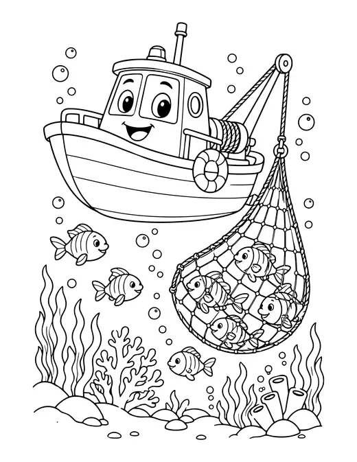 Boat with Fishing Net coloring page