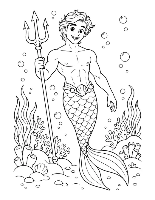 Merman with Trident coloring page