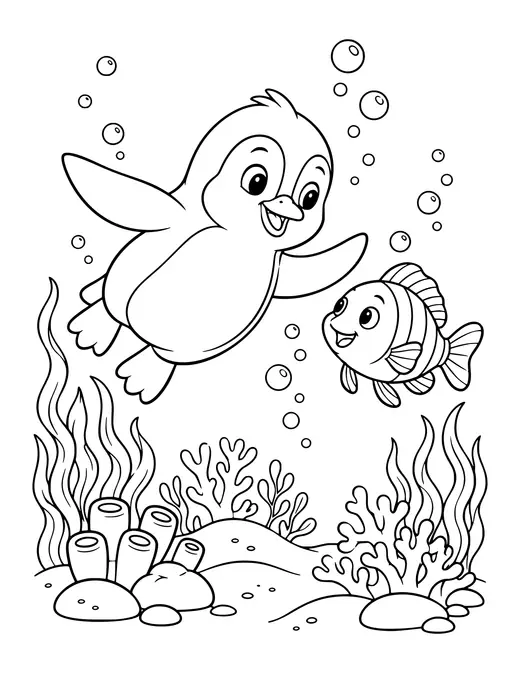 Penguin and Fish coloring page