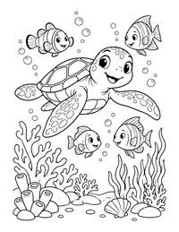 Sea Turtle and Fish coloring page